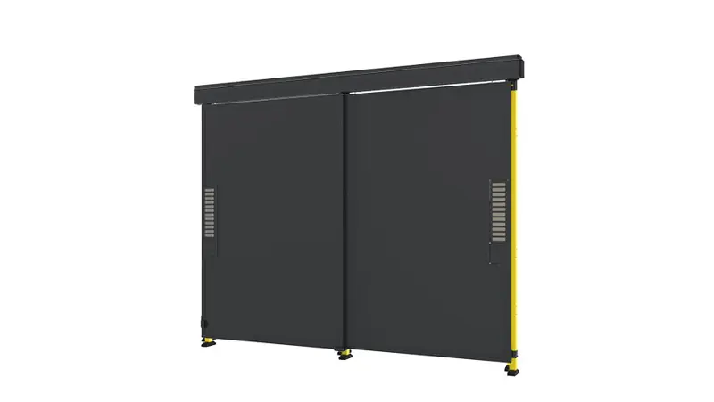 open double sliding door for machine guarding with sheet metasl panels from axelent 